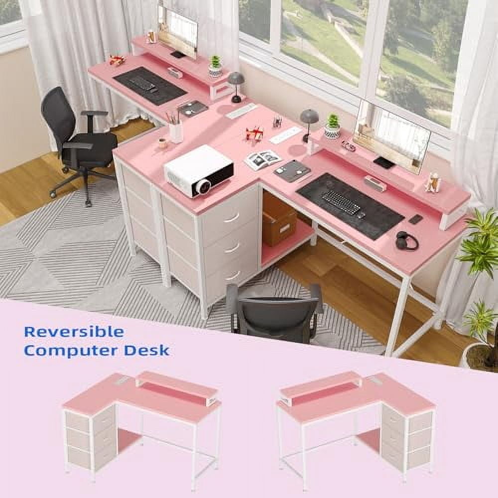 Roromall L Shaped Desk with Power Outlets & LED Lights, Computer Desk with Drawers & Shelves, Corner Desk Gaming Desk Home Office Desk