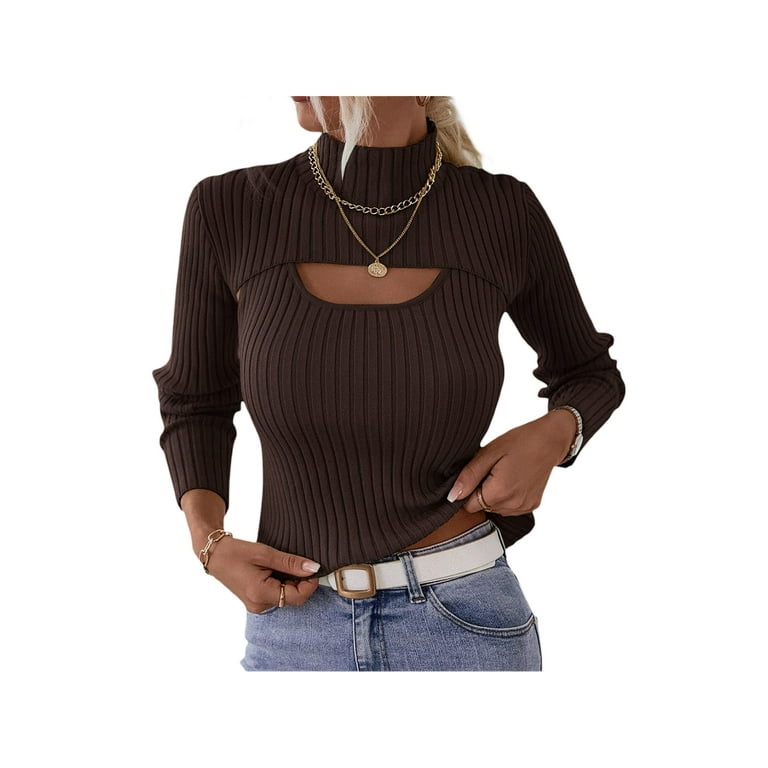 Knit Pullover Sweater With Chest Cut Out Cable Knitted Long Sleeve