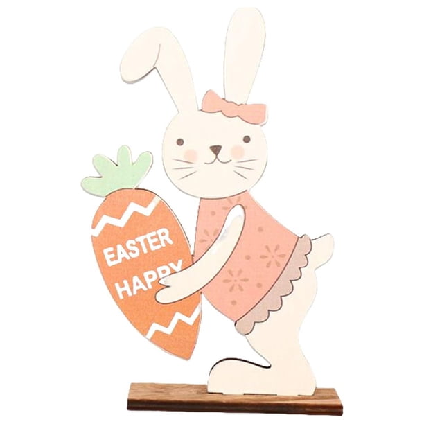 Conejito de Pascua de pie, decoración de mesa de madera, accesorios de decoración para el hogar y el aula. Sosteniendo Zanahoria