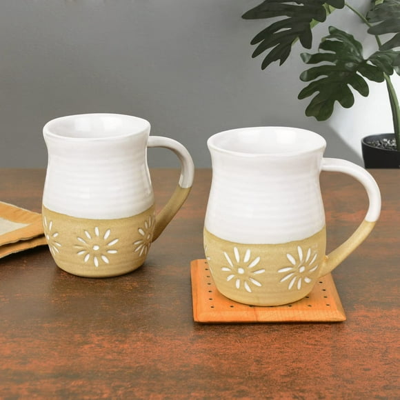 Dual Tone Studio Pottery Ceramic Coffee Mugs Set Of 2 - 350ml Each, Off White & Light Brown | Milk Mugs | Tea Cups & Mugs