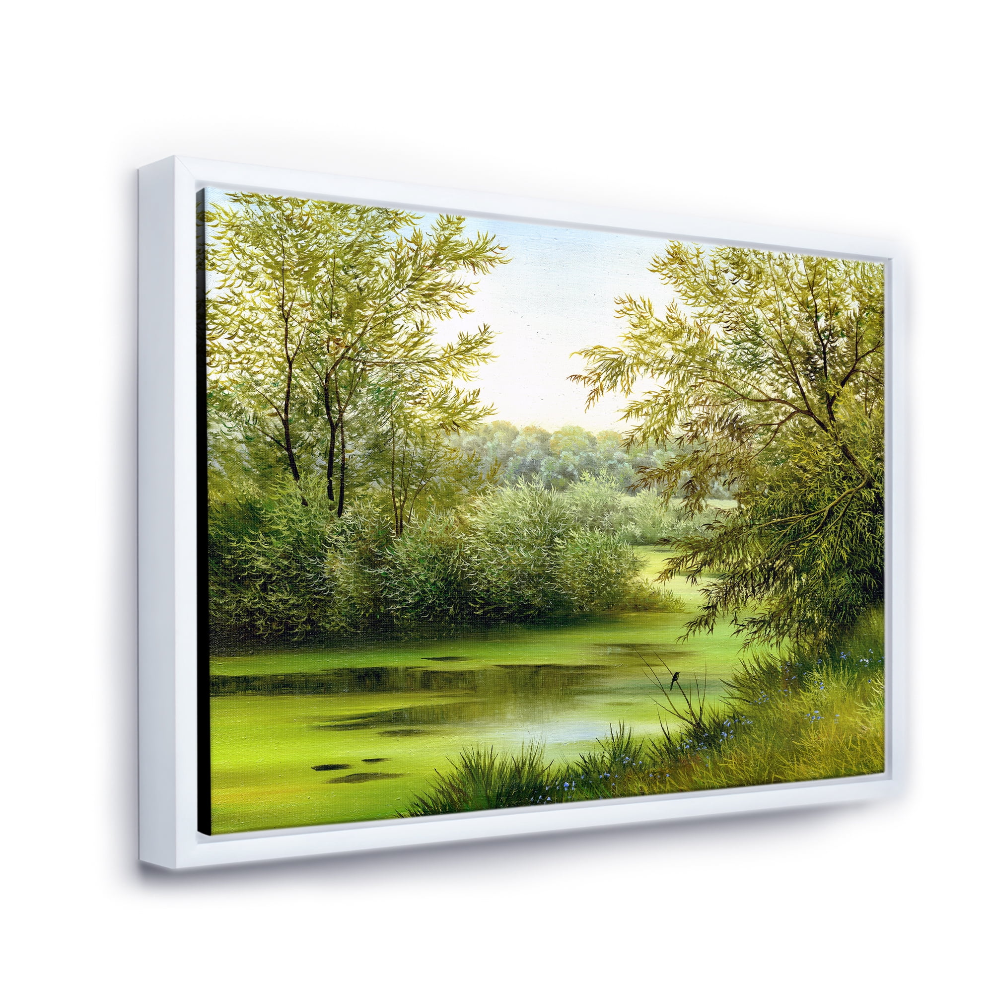 Designart 'Spring Trees With Green Pond' Country Framed Canvas Wall Art Print