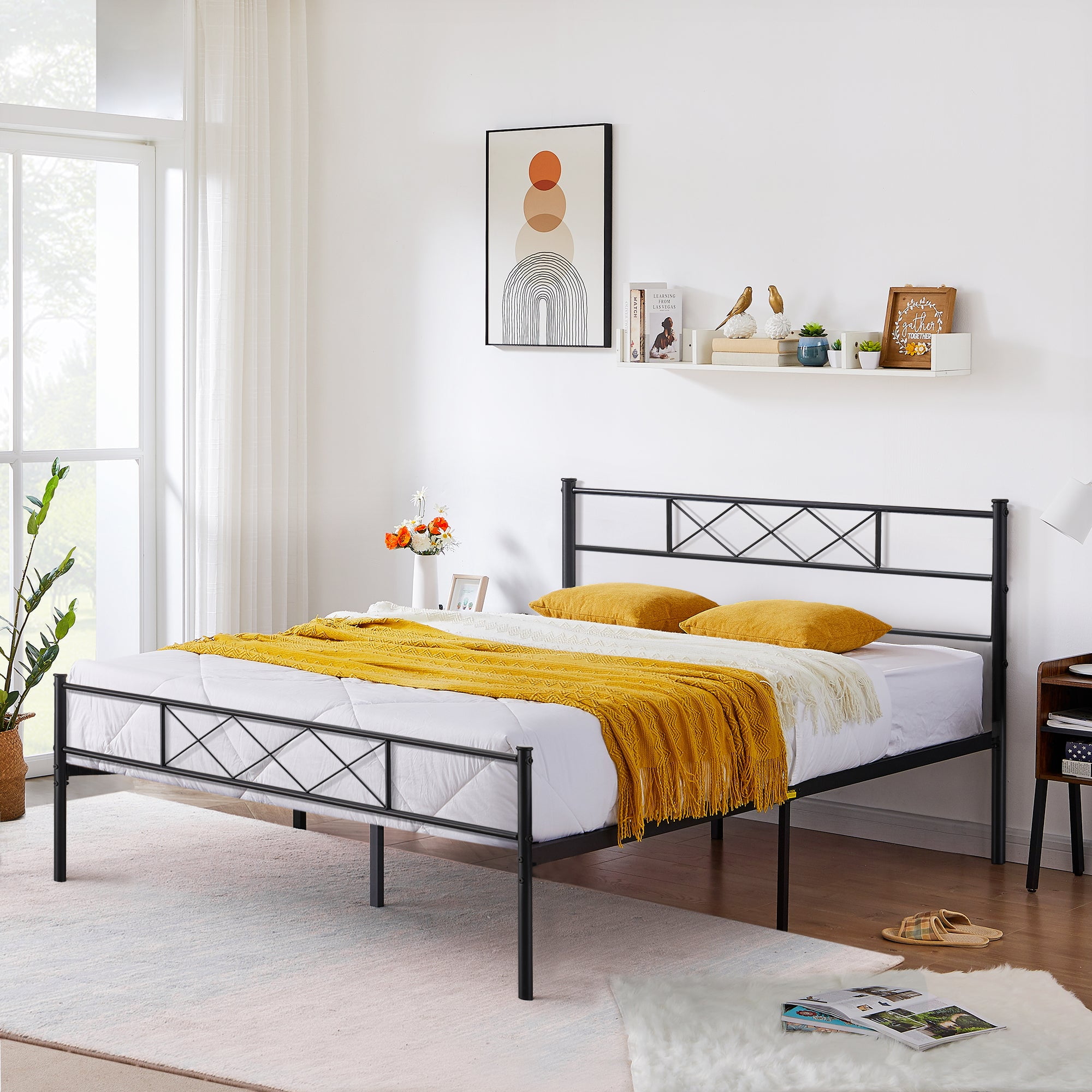 Full Size Metal Slat Platform Bed Frame with Headboard & Footboard, No ...