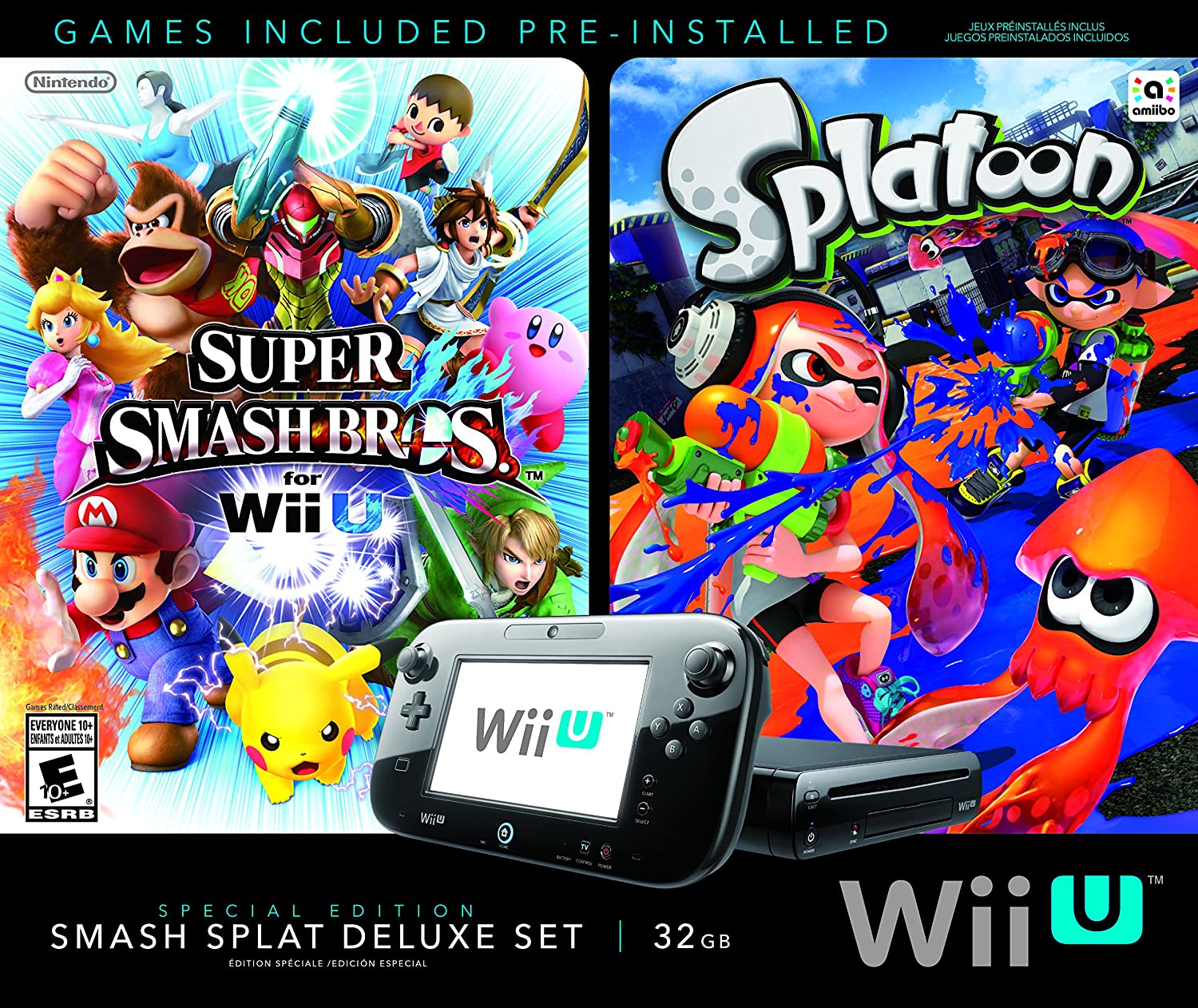 Restored Nintendo Wii U - Smash Splat Wii U Deluxe Set - game console - Full HD, Full HD, HD, 480p, 480i - black - Splatoon, Super Smash Bros. for Wii U (Refurbished) - image 2 of 8