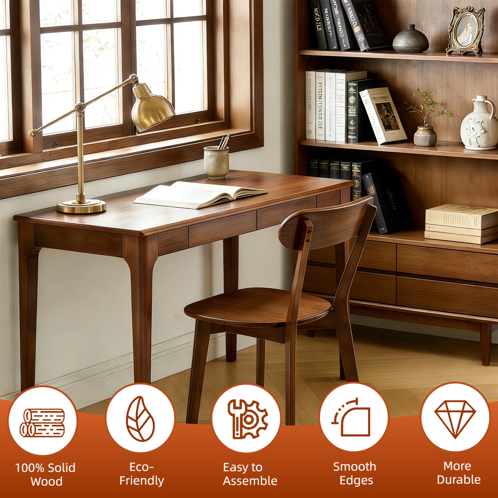 Leumius Dining Chairs Set of 2, Mid Century Modern Solid Wood Dining Chairs with Curved Backrest, Kitchen Chair with Adjustable Foot Pads for Dining Room Kitchen Living Room Study, Walnut