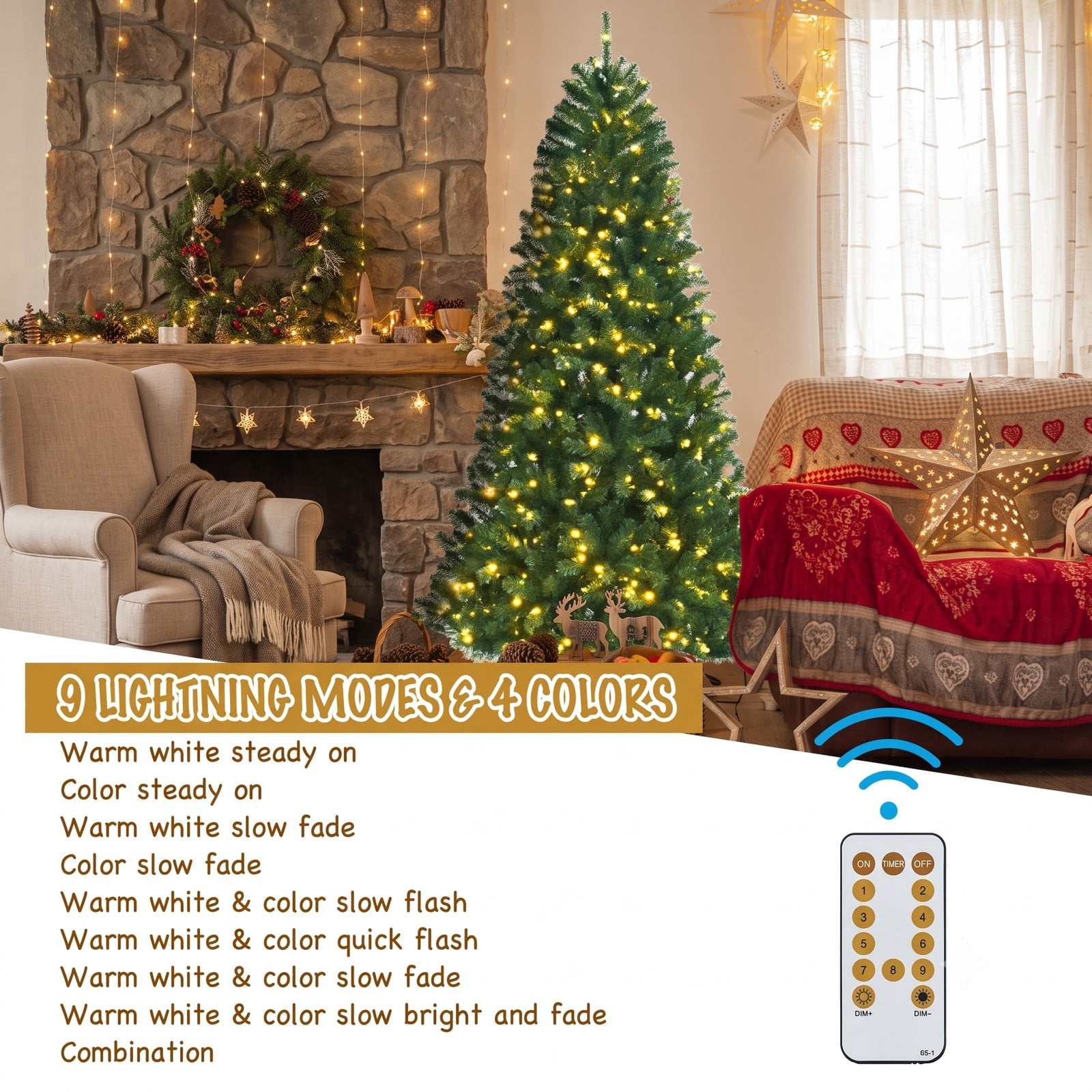 RUIE 7FT Artificial Pre-Lit Hinged Christmas Tree with 500 Remote-Controlled Color-Changing LED Lights, 1181 Tips Full Holiday Xmas Tree with Metal Stand, Green