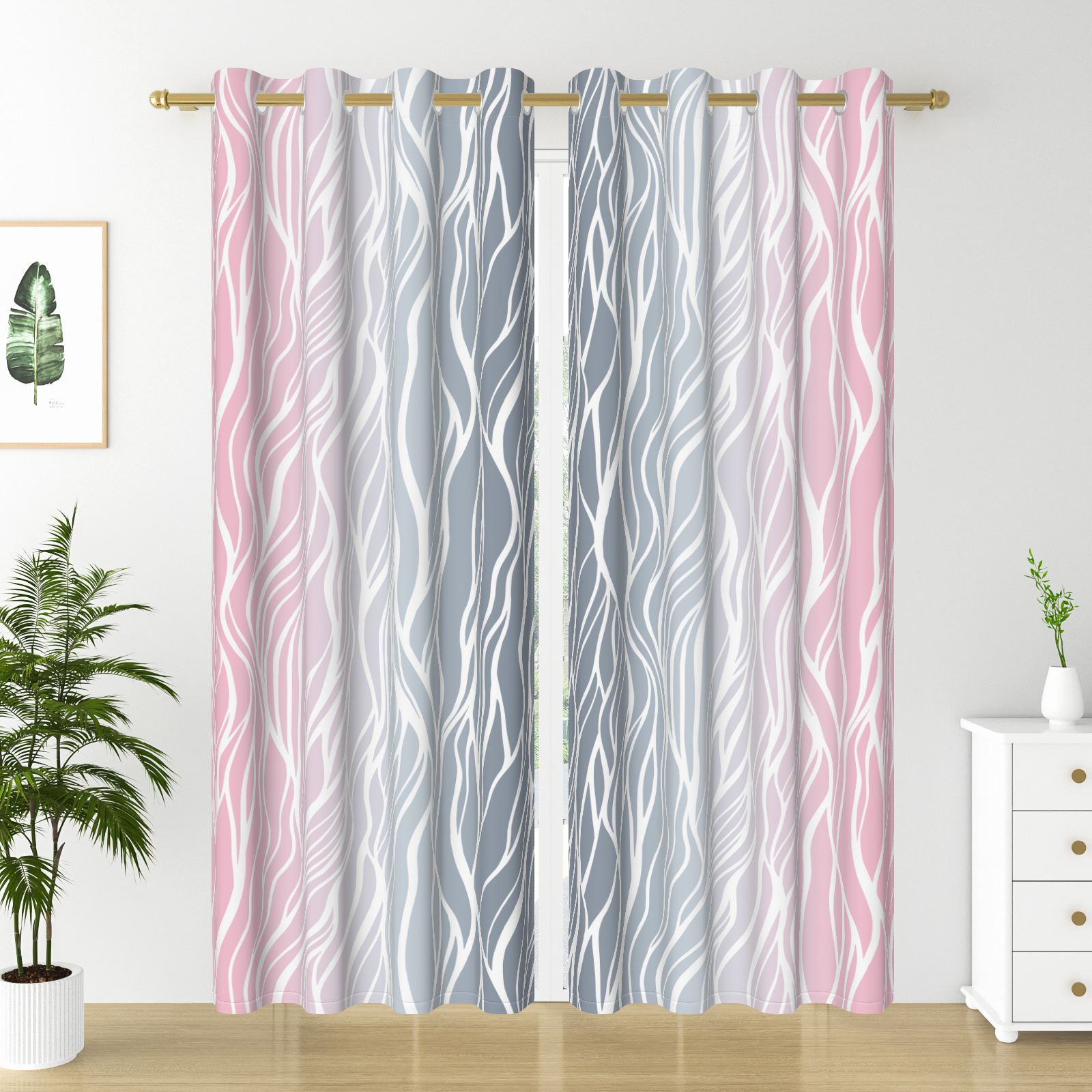 Nanqianyi Ombre Pink and Grey Blackout Curtains for Bedroom, White Wave Striped Gradient Thermal Insulated Drapes with Grommet, 2 Panels, 42x84 inches