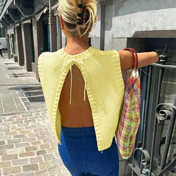 Zedker Women Backless Knit Crop Sweater Vest Sleeveless Round Neck Y2K Split Open Back Yellow Plus L