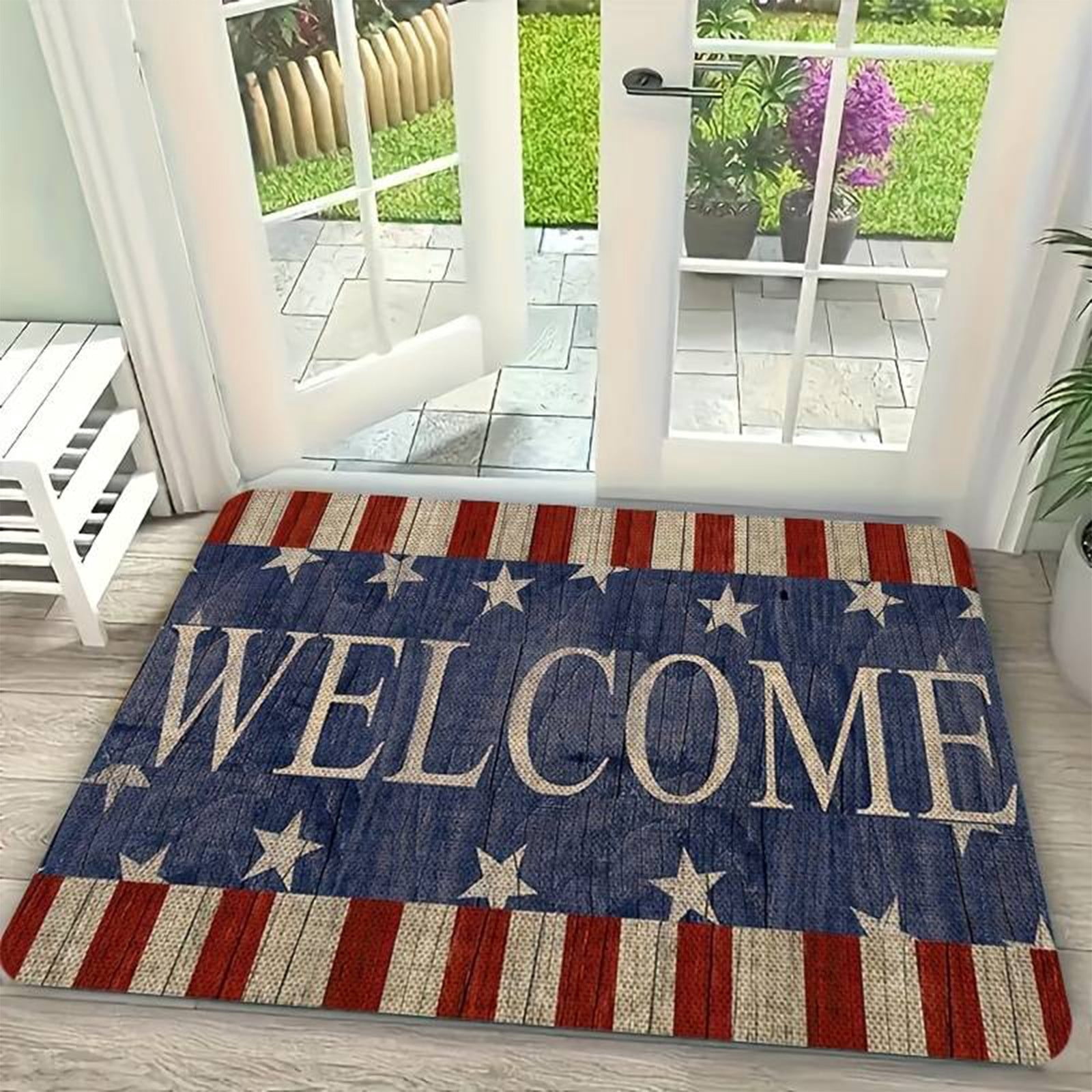 15.7" x 23.6" Independence Day Welcome Mat, Retro Flag Design with Heart Motif, Non-Slip Rubber Door Mat, Floor Rug for Outdoor & Indoor Use