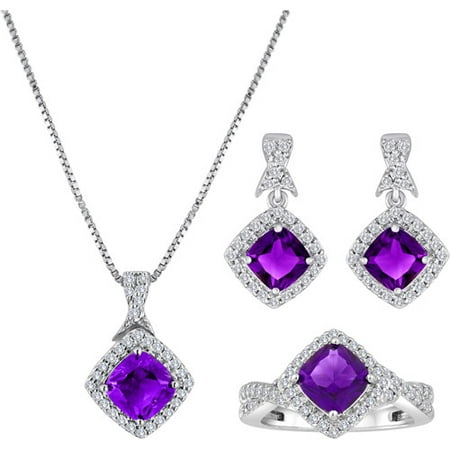 Lab-Created Amethyst and CZ Fine Silver-Plated Brass Boxed Set with Earring, Ring and Pendant, 18