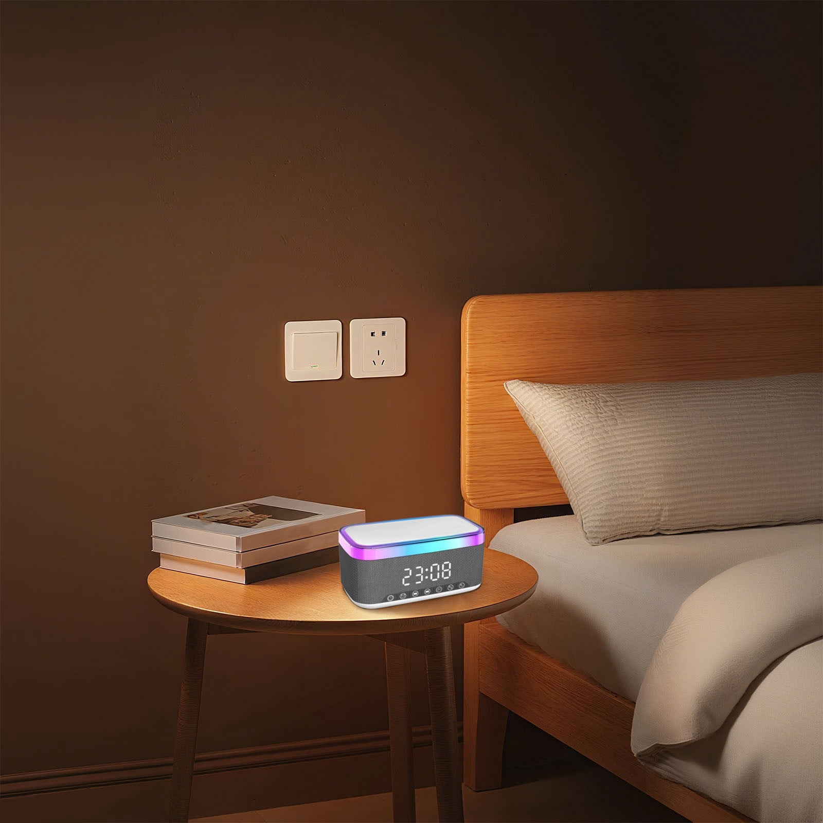 BinKFF Digital Alarm Clock White Noise Loud Digital Alarm Clocks Bedrooms Alarm Clock Speaker Wireless Charger AUX USB Bluetooth Speaker 12/24H Alarm Snooze Adjustable Brightness