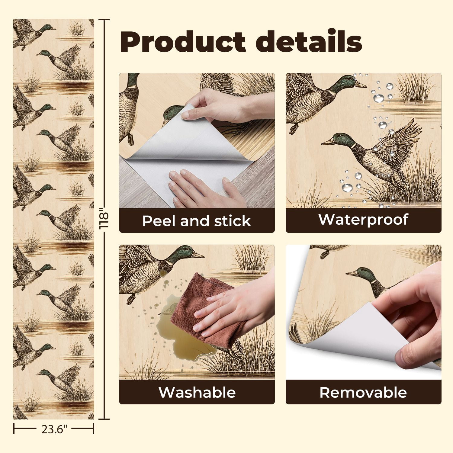 Peel and Stick Wallpaper Vintage Ducks Grasses Rustic Wood Wall Mural 23.6in x 9.8ft Self Adhesive Removable Wall Paper Renter Friendly Wallpaper for Nursery Bedroom Cabinets