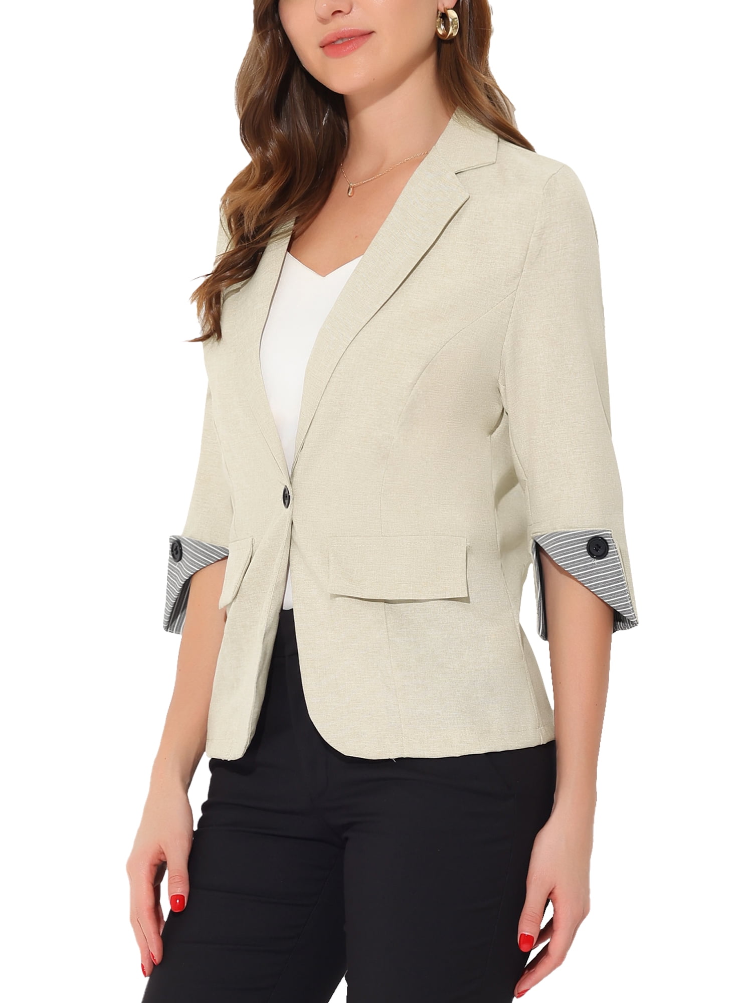 Unique Bargains Women's Office Suit Jacket Notched Lapel Collar 3/4 Sleeve Blazer XS Beige