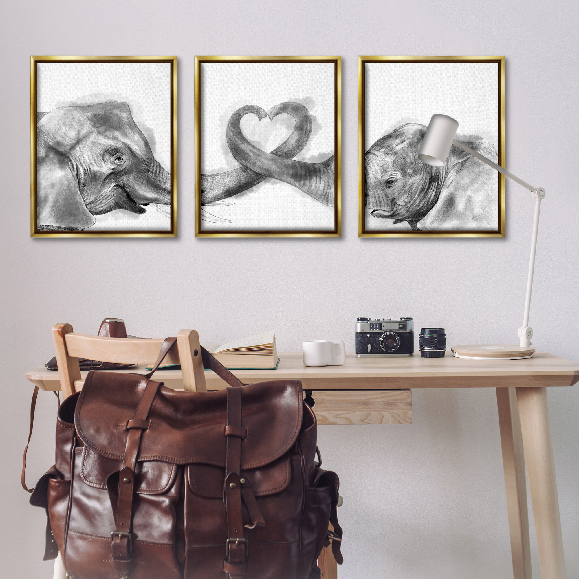 Stupell Industries Elephant Trunk Heart Shape Animals & Insects Painting Gold Floater Framed Canvas Art Print Wall Art, 25 x 31, Set of 3