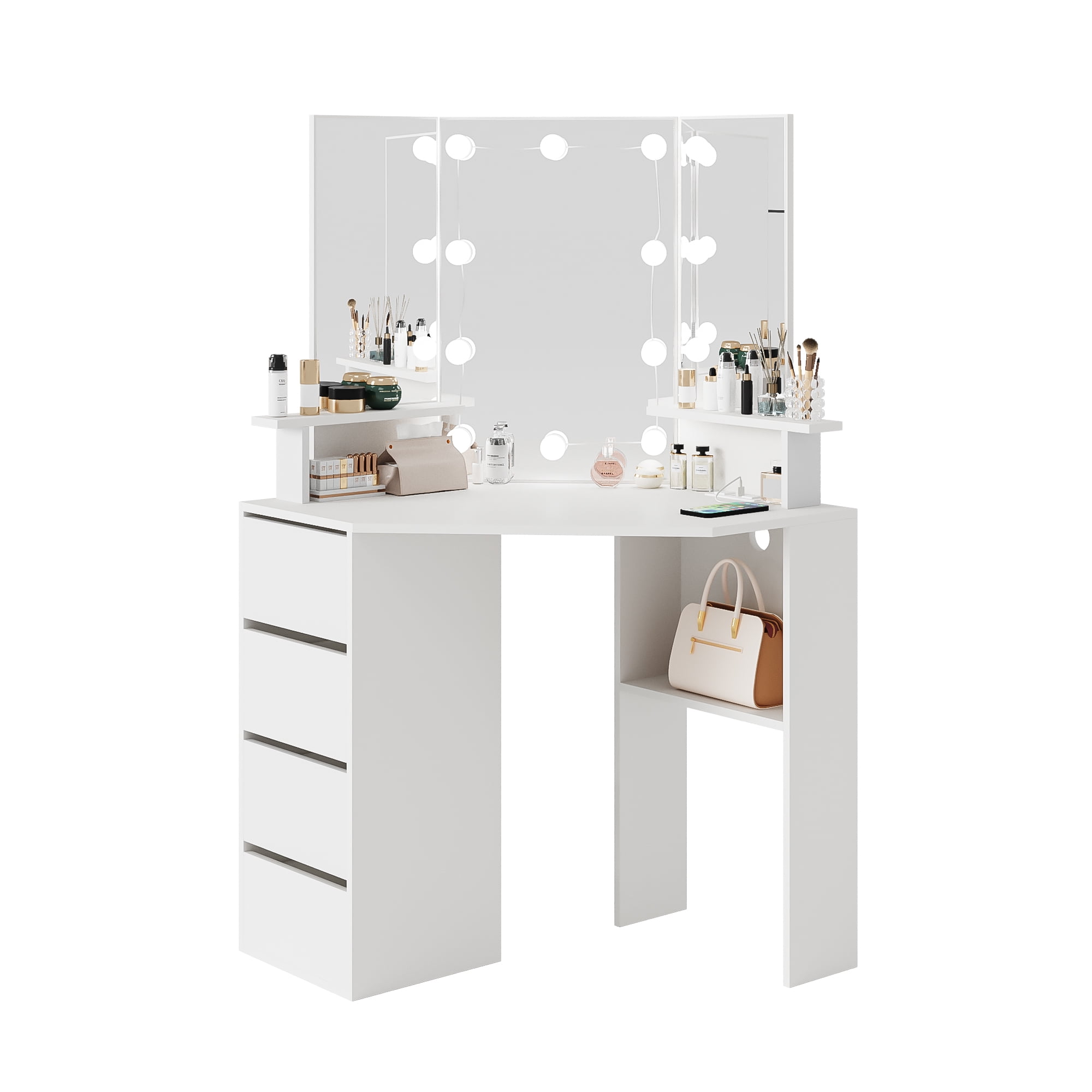 Veanerwood White Corner Vanity Desk with Mirror and Light,Makeup Table with 4 Drawers and Charging Station for Bedroom