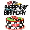 QUTANA Race Car Cake Topper,Nascar Happy Birthday Cake Decor Chequered Flag Themed Party Supplies Decorations for Kids Boys Girls Baby Shower (Doubled-Sided)