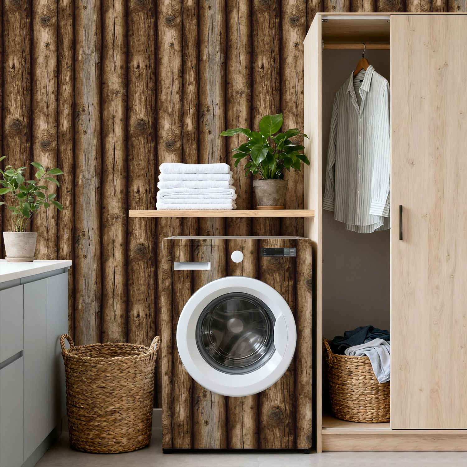 Peel and Stick Wallpaper 17.7in x 9.8ft Rustic Wooden Log Texture Natural Grain Contact Paper Vinyl Self-Adhesive Removable Wall Paper for Bedroom DIY Home Decor Renter Friendly