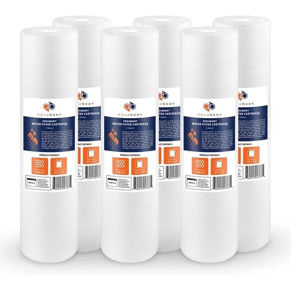 Aquaboon 6-Pack of 1 Micron 20" Sediment Water Filter Replacement Cartridge | Whole House Sediment Filtration | Compatible with AP810-2, SDC-45-2005, FPMB-BB5-20, P5-20BB, FP25B, 155358-43