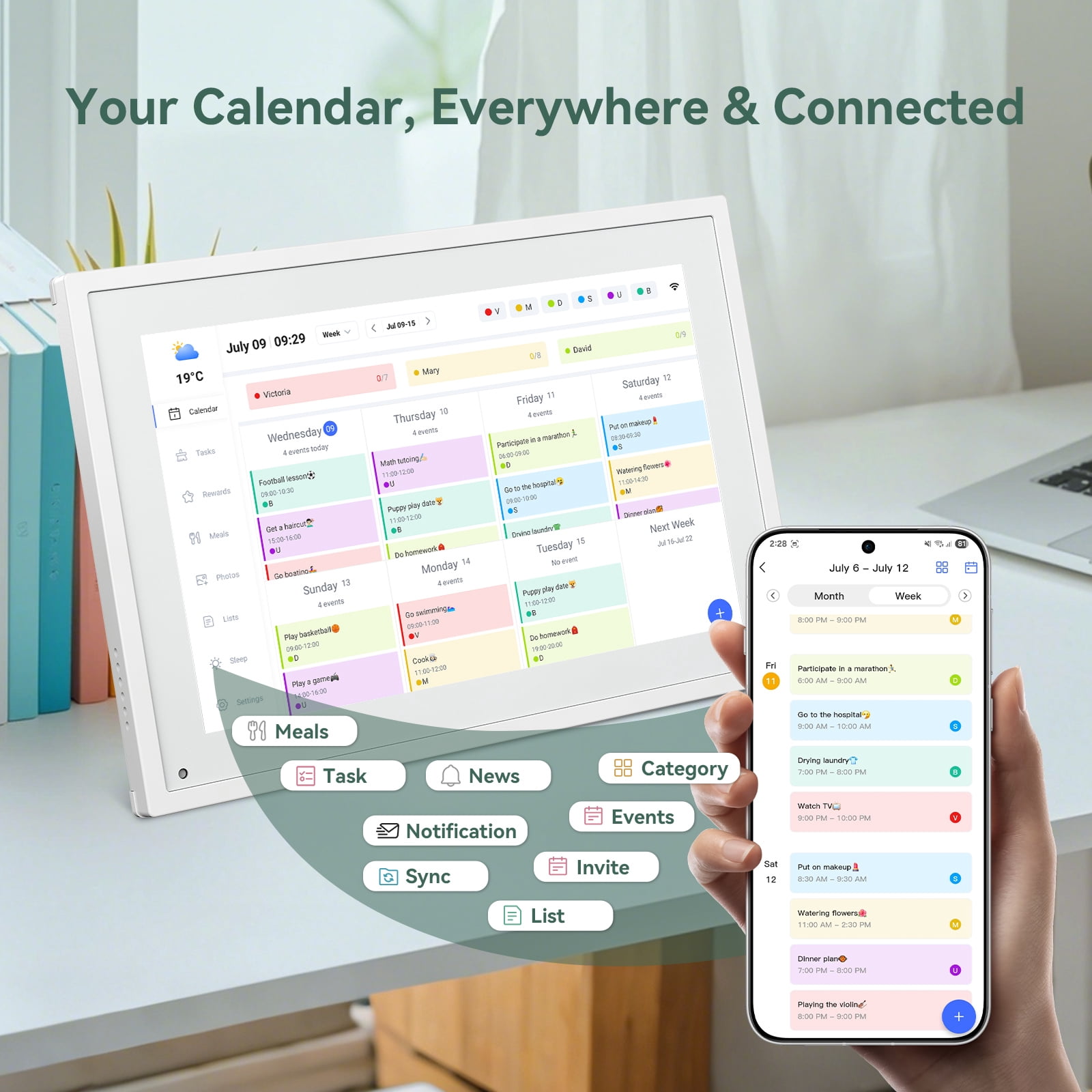 Tabwee 10.1 Inch WiFi Digital Calendar, Smart Touchscreen Interactive Display for Family Schedules Chore Chart, Meal Planner, To Do List, Smart Sync Switchable Digital Photo Frame w/Desk Stand