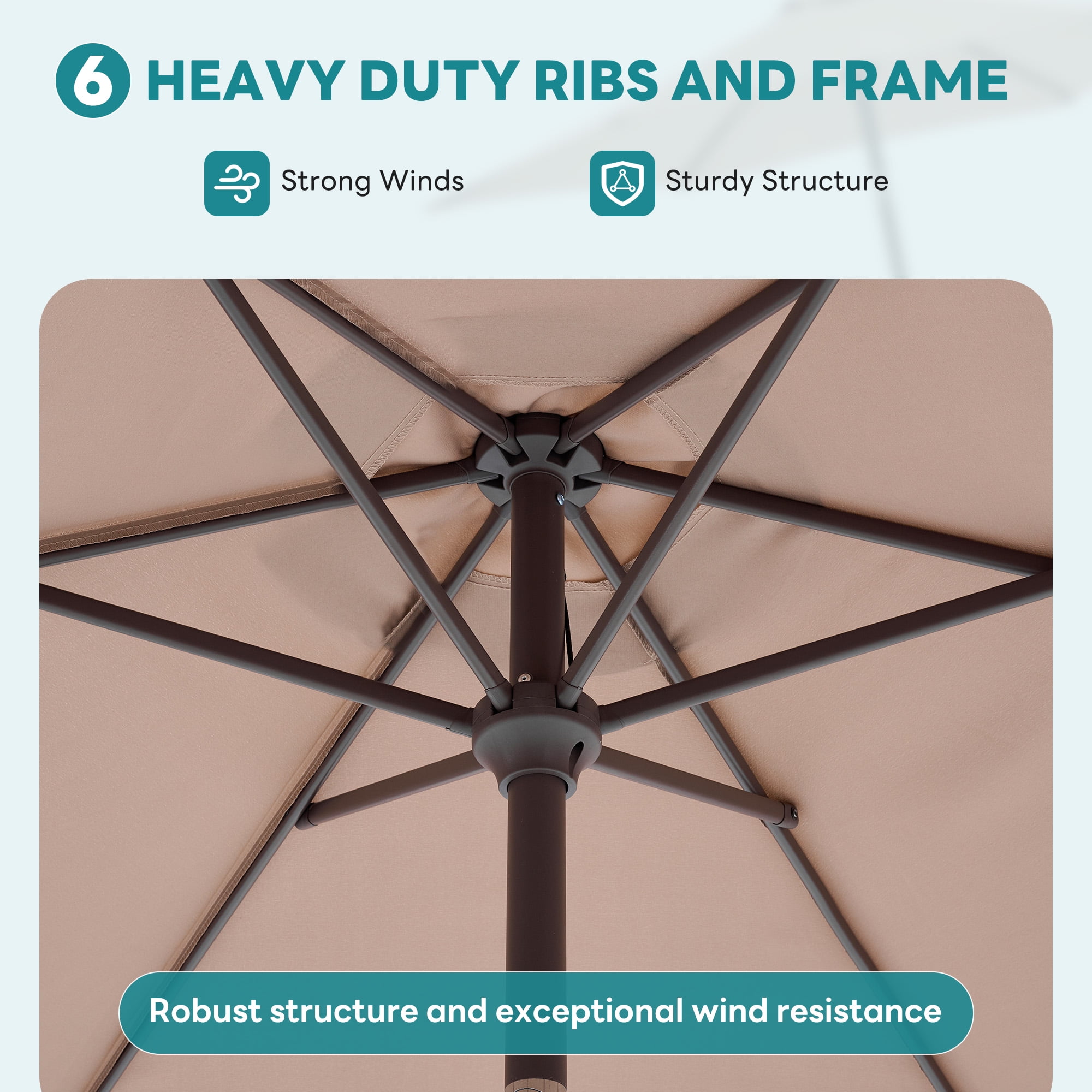 MCQ 7.5ft Outdoor Patio Umbrella with Push Button Tilt & Crank, 6-Rib Design, UV15+ Waterproof Fabric, Brown