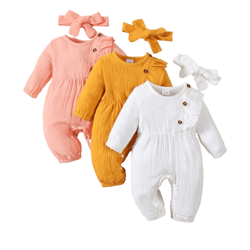 Mikrdoo Cotton Long-Sleeve Bodysuits, Solid Button Decor Ruffled, 0-3 Months
