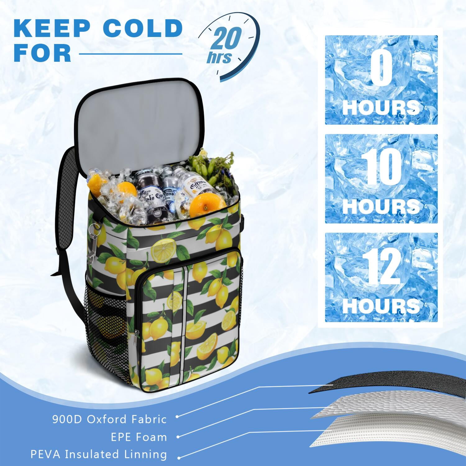 Travel Cooler Bag - Lemon Camping Beer Cooler Backpack with Bottle Opener- Waterproof Insulated Picnic Backpacks - Cooler Bag for Beach