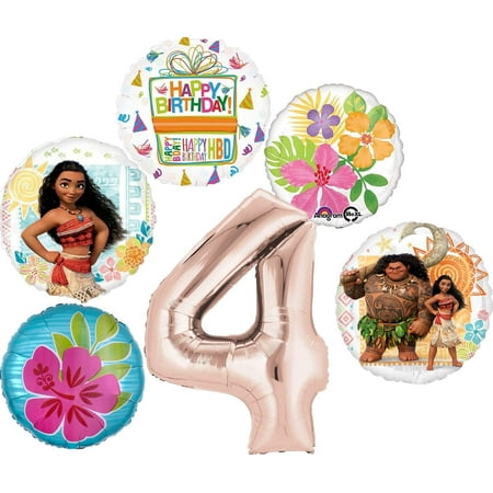 Moana Party Supplies 4th Birthday Balloon Bouquet Decorations - Rose Gold Number 4