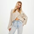 thumbnail image 6 of Women Sweater O-Neck Batwing Long Sleeve Solid Color Loose Fit Knitting Tops Exposed Navel Irregular Cross Sweater, 6 of 8