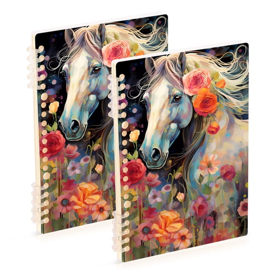 White Horse and Flowers Ring Binder Notebook Journey Note Diary College Ruled Spiral Notebook Study Loose Leaf Paper A5 60 Pages