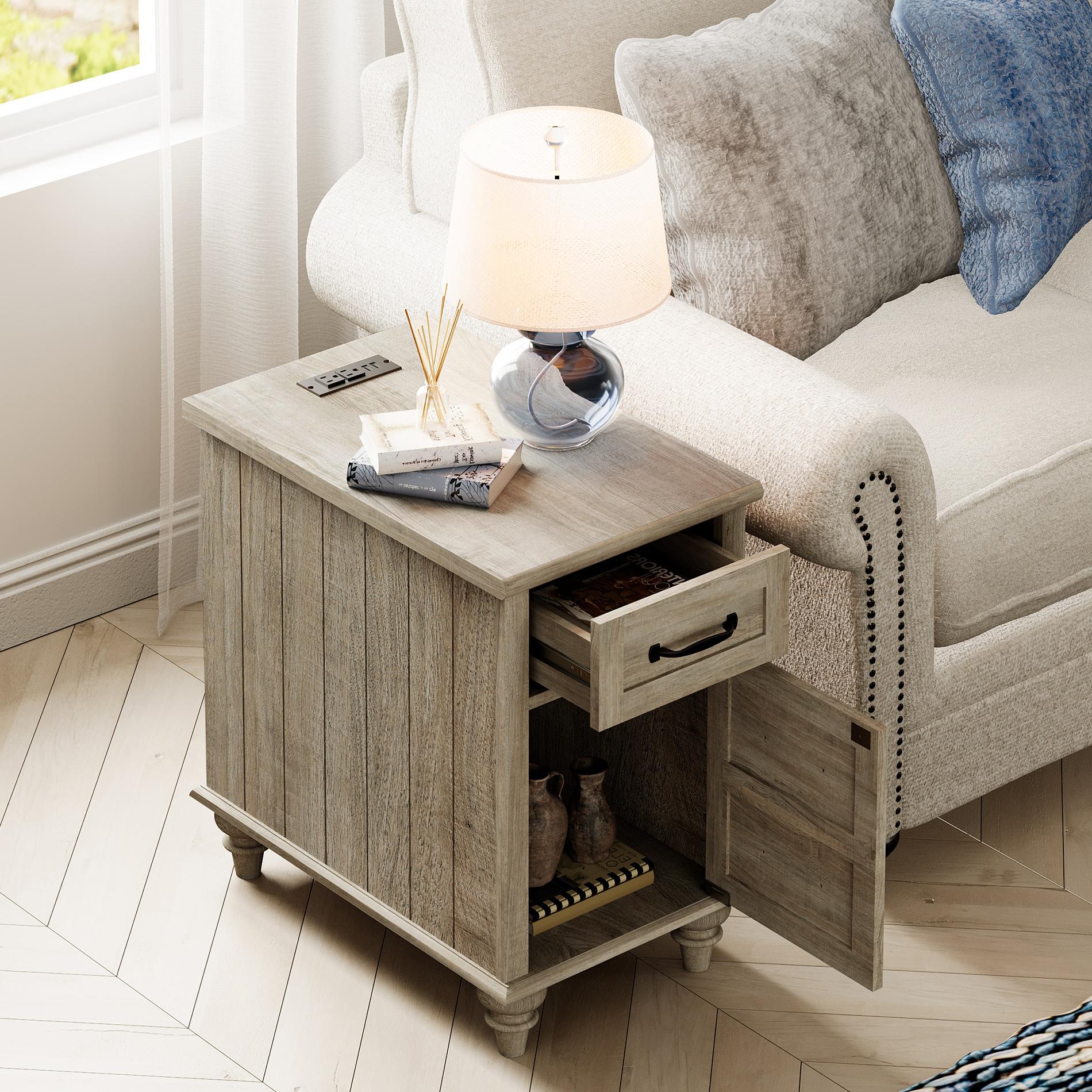 End Tables with Drawer & Cabinet, Gray Side Table Nightstand with Charging Station for Living Room & Bedroom