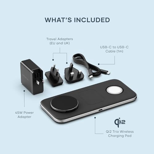Satechi Qi2 Trio Wireless Charging Pad, 3 in 1 Wireless Charging Station, Qi2 15W Fast Charger for iPhone 17/16/15/14/13/12, 5W for AirPods and 5W for Apple Watch