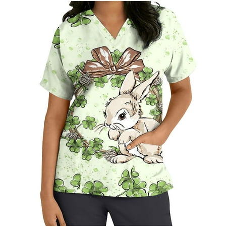 

Easter T Shirt Ladies US Summer Scrub Tops for Women Happy Easter T-Shirt V Neck Comfy Loose Fit Cute Rabbit Shirts Bunny Tees Short Sleeve Pockets Flared Nursing Working Uniform Workwear Tops