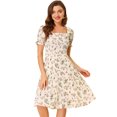 thumbnail image 1 of Vestido Evasé Con Cuello Cuadrado Y Fruncido A Media Pierna Con Estampado Floral Para Mujer Beige XS, 1 of 6