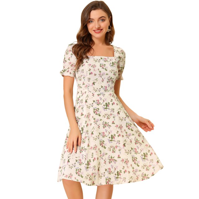 Vestido Evasé Con Cuello Cuadrado Y Fruncido A Media Pierna Con Estampado Floral Para Mujer Beige XS