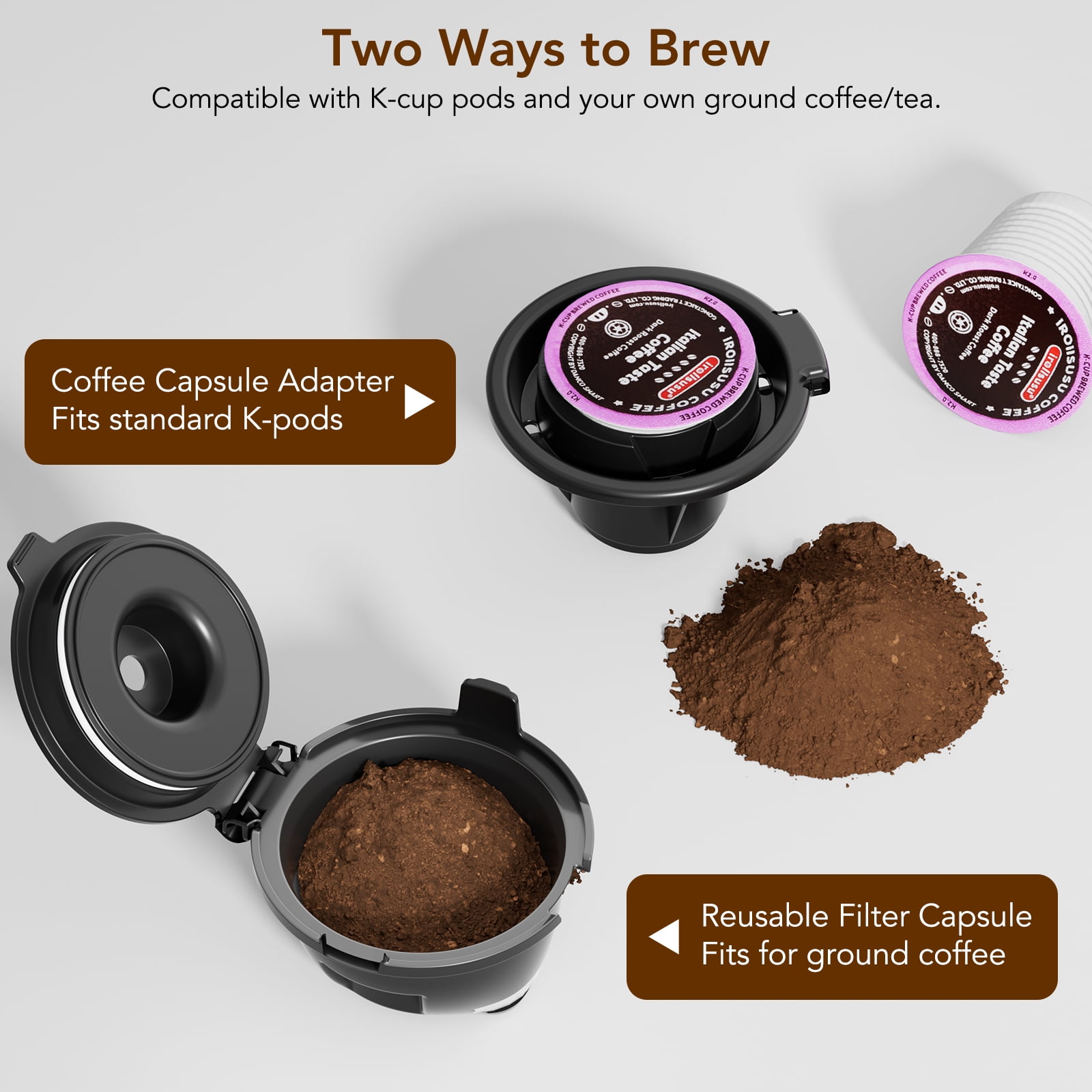 KNDKO Single Serve Coffee Maker for K Cup POD or Ground Coffee, Coffee Machine with 14oz Water Tank, Adjustable Funnel Handle, Self-Clean