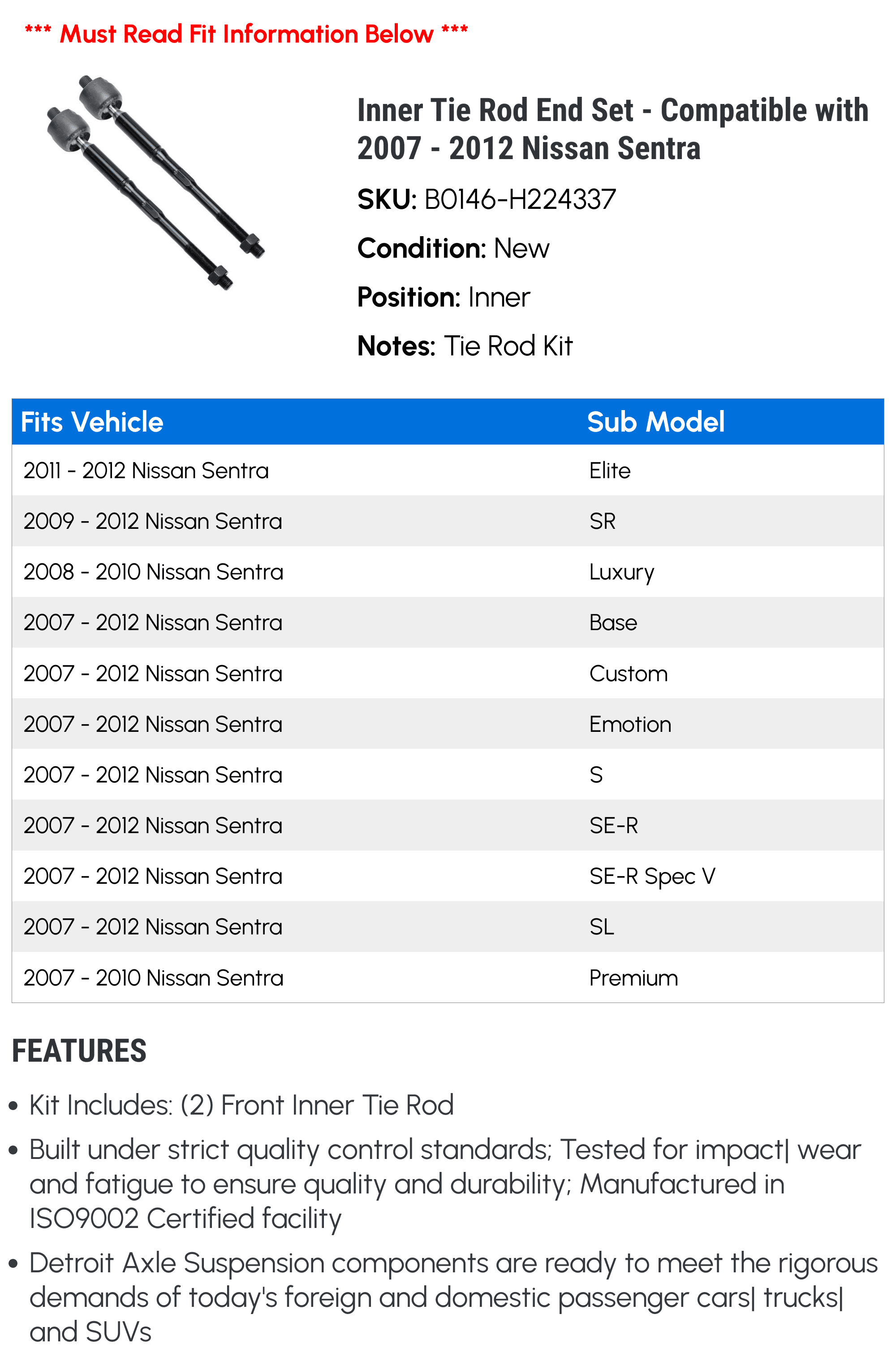 Inner Tie Rod End Set - Compatible with 2007 - 2012 Nissan Sentra 2008 2009 2010 2011