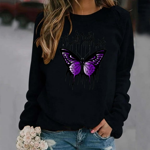 Dyfzdhu Oversized Sweatshirt for Women Butterfly Graphic Crew Neck Sweatshirts Casual Loose Long Sleeve Workout Pullover Top, Black L