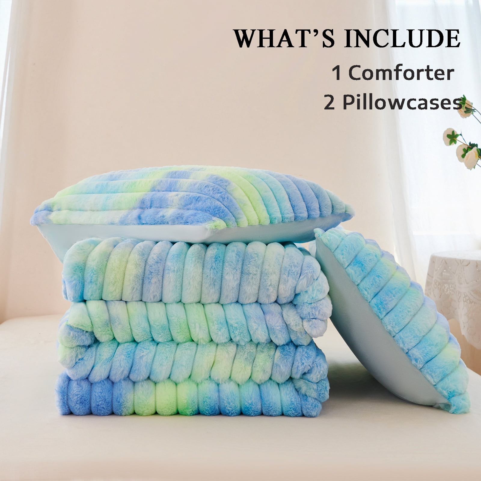 ZRNBAST Fluffy Queen Comforter Set, Tie-dye Blue Green Plush Fleece Bedding, Super Soft Faux Fur Bed Set, Soft Warm Comforter All Season with 2 Pillowcases(Blue Green,Queen)