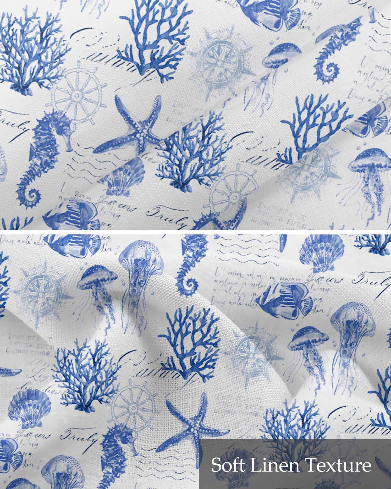 Blue Coastal Kitchen Valances for Windows Farmhouse Linen Window Valance Curtain for Living Room Window Treatment Ocean Nautical Coral Seahorse Starfish Valance Rod Pocket Topper Drape, 54 x 18 Inch