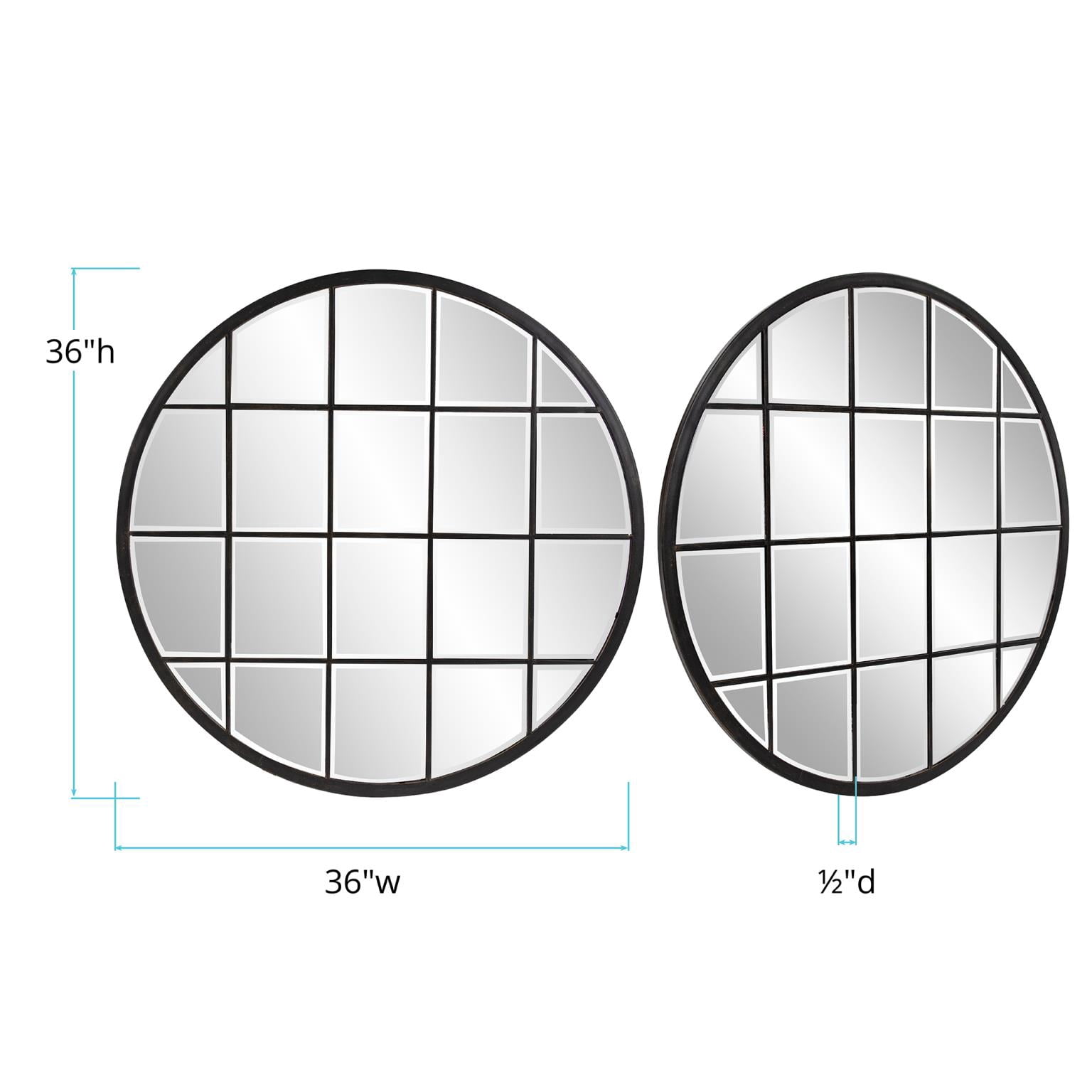 Tyler Dillon Round Bronze Wall Mirror with Metal Windowpane Frame - 36 x 36 x 0.5