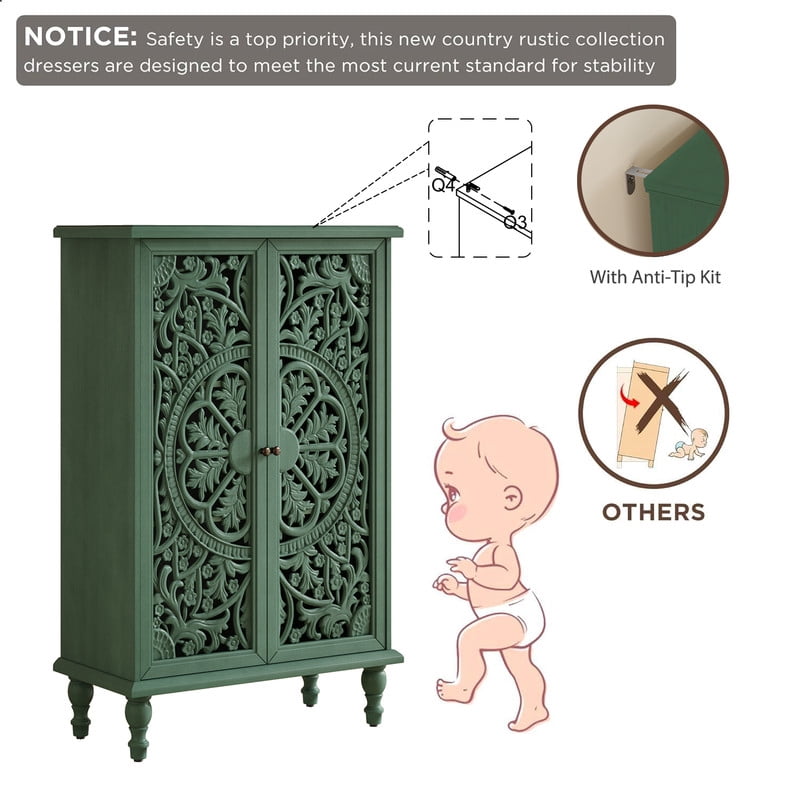Freestanding Accent Storage Cabinet with Hollowed Out Carved Double Door, Farmhouse Display Buffet Chest with Adjustable Shelf