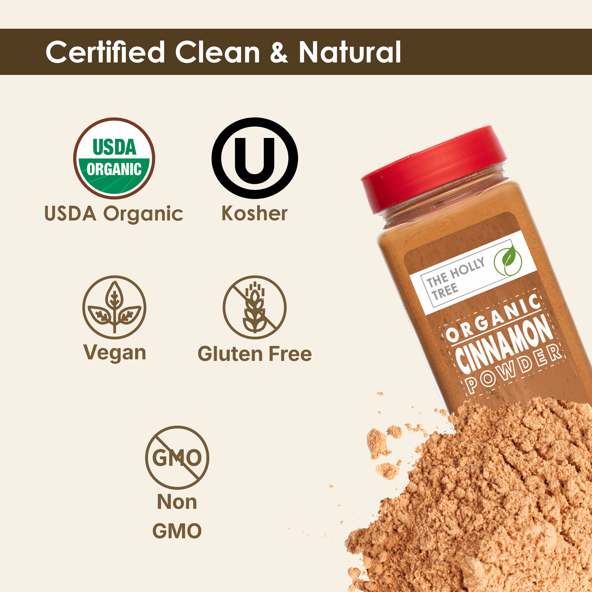 Organic Cinnamon Powder 15.90 oz - Organic Ground Cinnamon Bulk Spice - USDA Certified, Gluten Free, Kosher - for Baking & Cooking - The Holly Tree