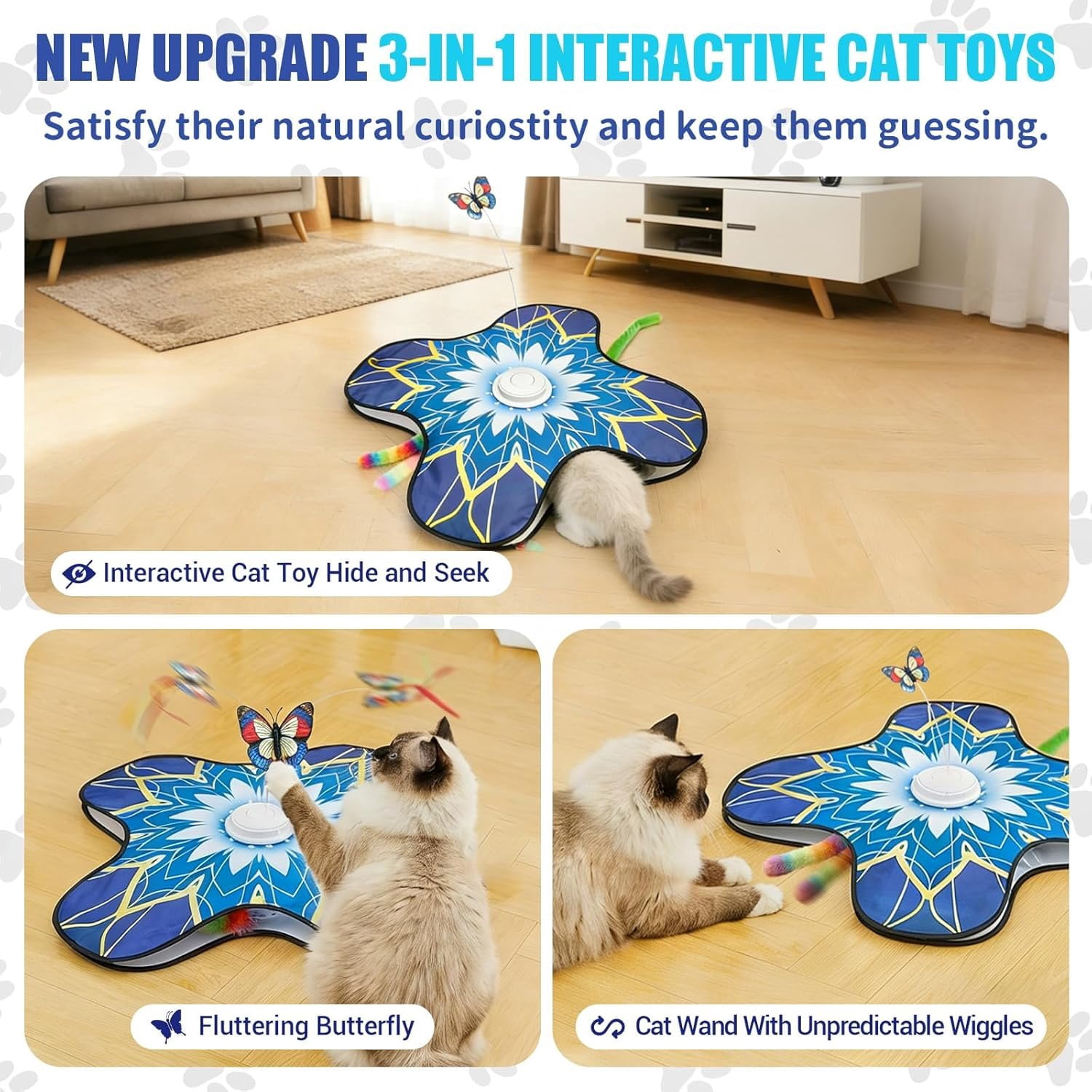 Interactive   for Indoor Cats,  Activated Automatic    with Sound /Off, Dual Wands, Non-Slip Suction Cups, Rechargeable  and Seek  Play Mat for Bored Adult Kittens