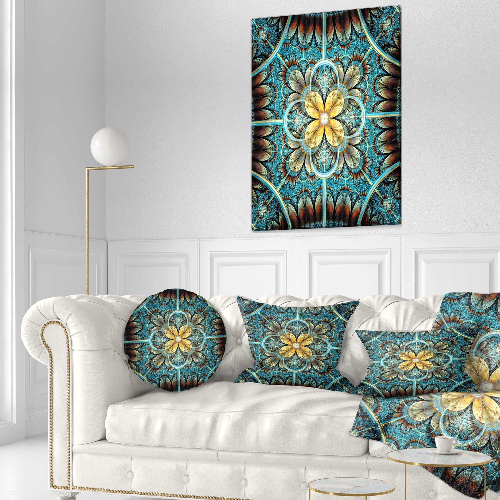Designart 12" x 20" Contemporary and Modern Blue Fractal and Flower Polyester Throw Pillow