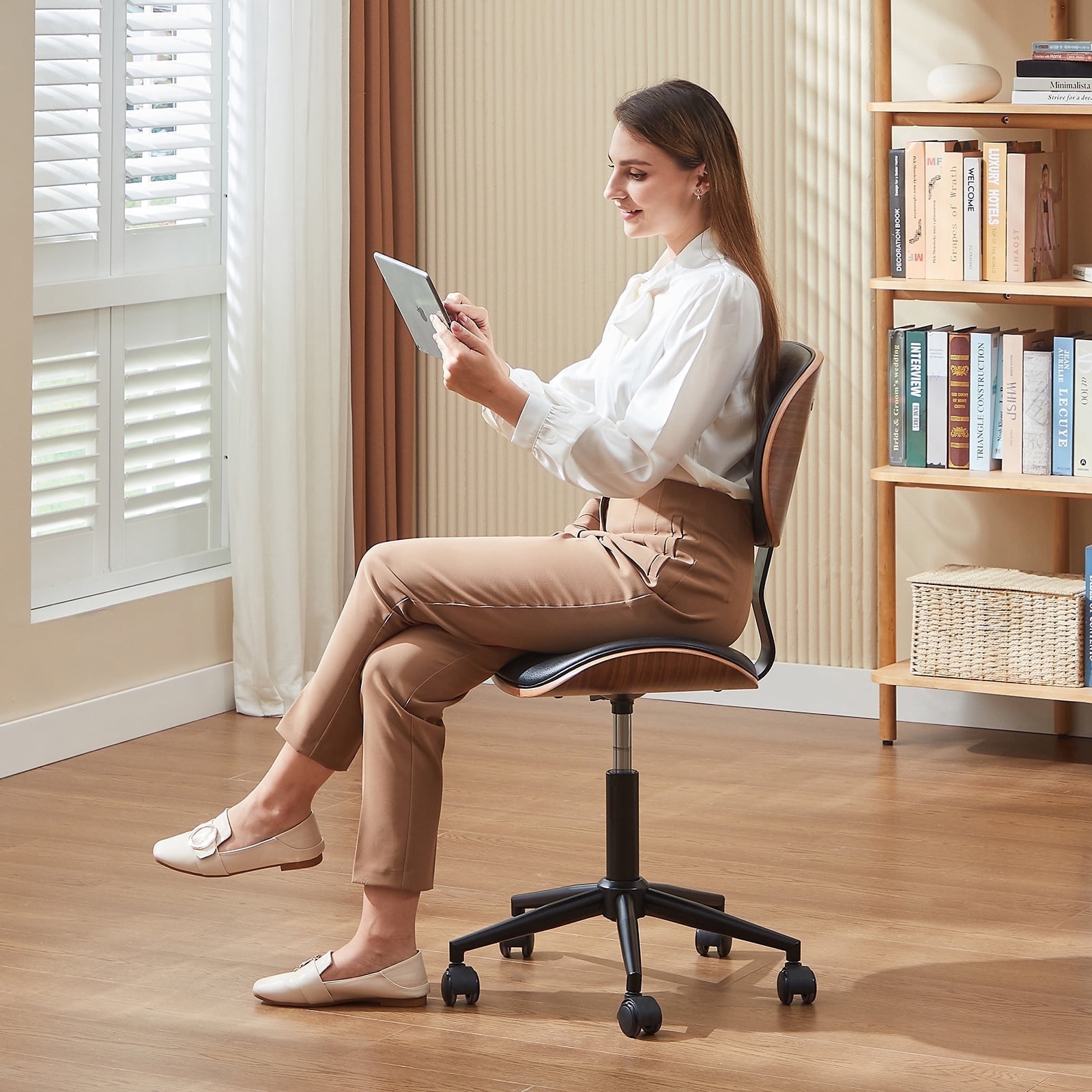 Bestier Bentwood Ergonomic Armless Office Desk Chair with Wheels, Comfy Computer Chair with Lumbar Support, PU Leather Mid Back Adjustable Height 360° Rolling Swivel Task Chair No Arm for Home, Black
