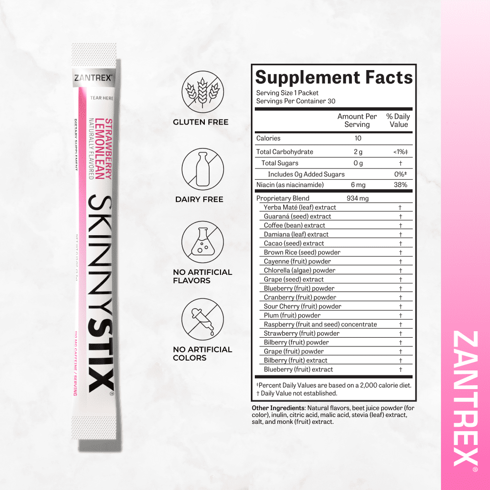 Zantrex SkinnyStix – Energy, Appetite Support, Weight Management Drink Mix, 10 Calories, Strawberry Lemonade, 15 Packets