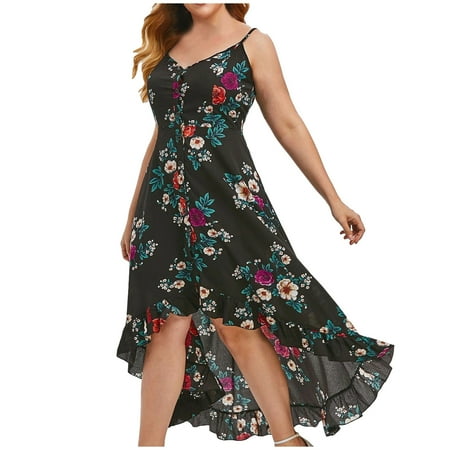 

Ziloco Women Sexy Plus Size V-Neck Buttons Printing Sleeveless Casual Sling Dresses fall dresses for women 2022 trendy Black XL