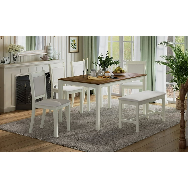 Tookss 60 x 36 Inch Rustic Solid Wood Dining Table Set Kitchen Table Set 1 Rectangular Table 4 Upholstered Chairs 1 Bench