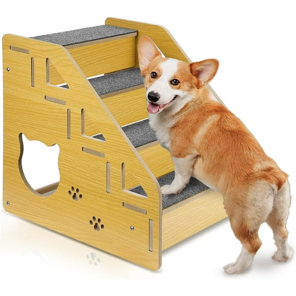 Dog Stairs for Small Dogs, 4-Step Dog Steps for Beds or Couches, Wood Pet Stairs for Small Pets, 15" H Cat Stairs for Doggie, Old Cats, Small Animals