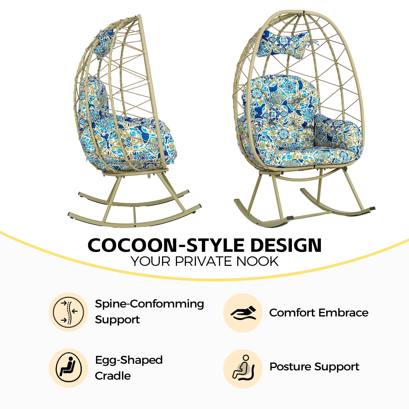 330LBS Foldable PE Wicker Egg Rocking Chair, Cocoon Lounge Rocker with Thick Cushion & Pillow, Weather Resistant Rattan Single Chair for Patio Balcony Bedroom Living Room Indoor Outdoor