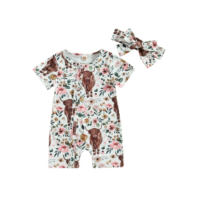 xiaxaixu Bébé Filles Garçons Romper Tête de Vache Imprimé Manches Courtes Col Rond Combinaisons d'Été Bodysuits avec Bandeau